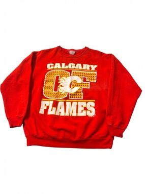 Vintage 1992 NHL Calgary Flames Canadian Hockey Red Graphic Print Sweatshirt